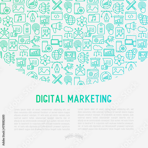 Digital marketing concept with thin line icons: searching idea, development, optimization, management, communication. Vector illustration for banner, web page, print media.