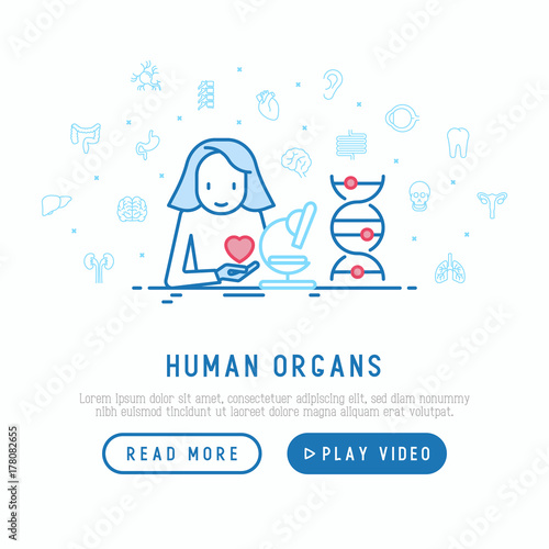 Medical check of human internal organs concept with thin line icons. Woman is looking in microscope. DNA analysis. Vector illustration for banner, web page, print media.