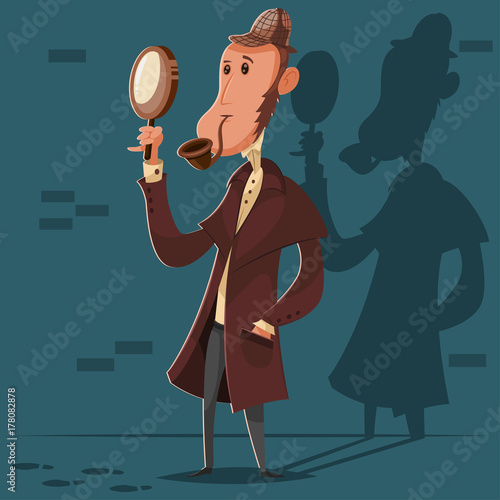 Detective in a hat with a smoking pipe and a magnifying glass. Vector cartoon character of a male investigator.