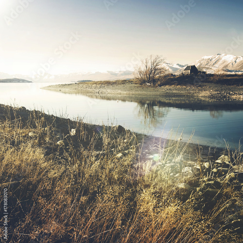 Church of the Good Shepherd and Lake, Mackenzie Country, Canterbury, New Zealand. photo