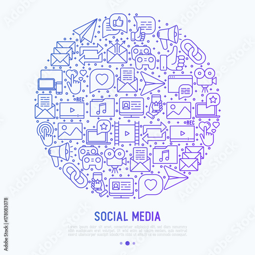 Social media concept in circle with thin line icons. of thumbs up, share, link, send e-mail, music, stream, comments. Vector illustration for banner, web page, print media.