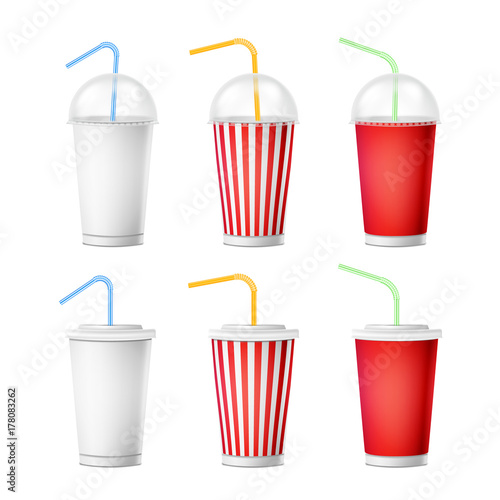 Soda Cup Template Vector. 3d Realistic Paper Disposable Cups Set For Beverages With Drinking Straw. Isolated On White Background. Packaging Illustration