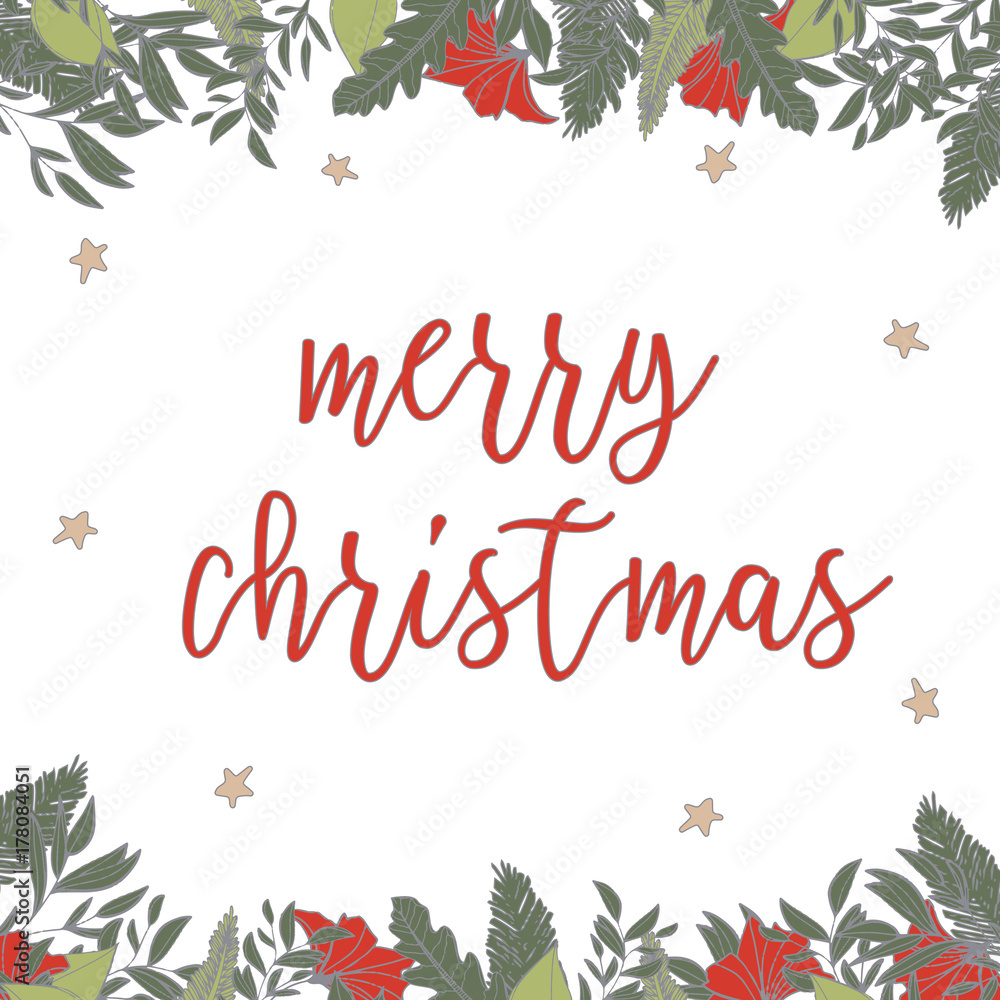 Square frame with flowers and leaves, merry christmas, hand drawn illustration.