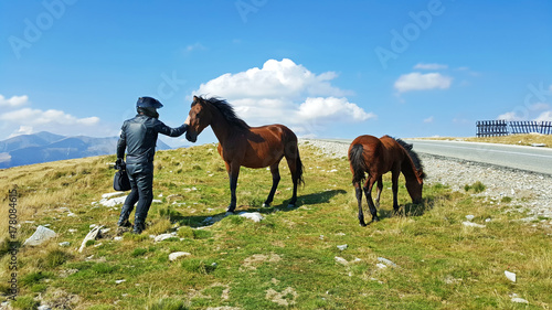 Biker with horses at mountain in Romania