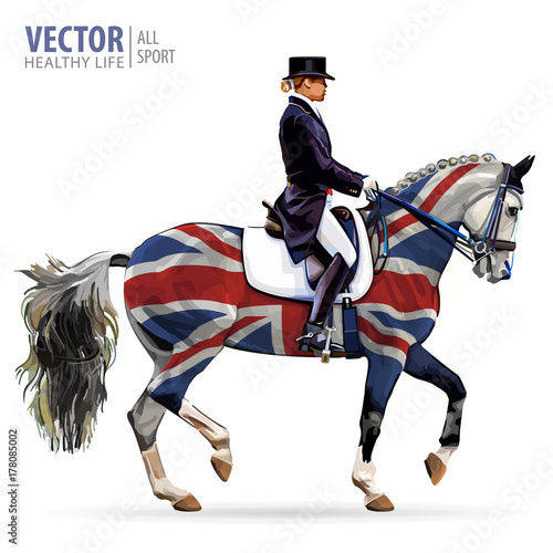 Equestrian sport. Horsewoman jockey in uniform riding horse outdoors. Dressage. Isolated on white background. Jockey on horse. Bay horse. United Kingdom flag. Vector illustration.
