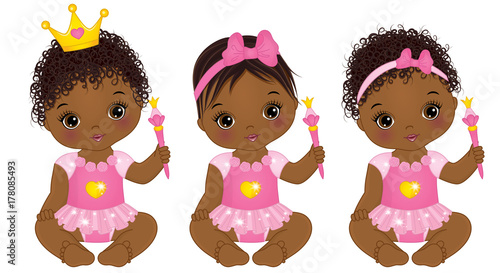 Vector Cute African American Baby Girls Dressed as Princesses