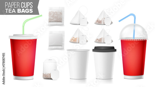 Take-out Ocher Paper Cups, Tea Bags Mock Up Vector. Big Small Coffee Cup. Cola, Soft Drinks Cup Template. Tube Straw. 3D Cardboard Object. Isolated Illustration