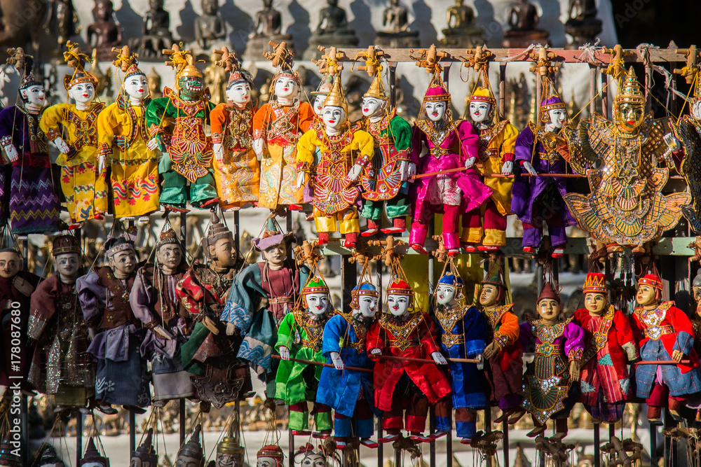 Myanmar Traditional handicraft puppets dolls in local traditional market , mandalay ,myanmar