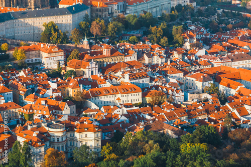 Photography aerial view of mala strana district, Prague Czech republic, red tile roofs