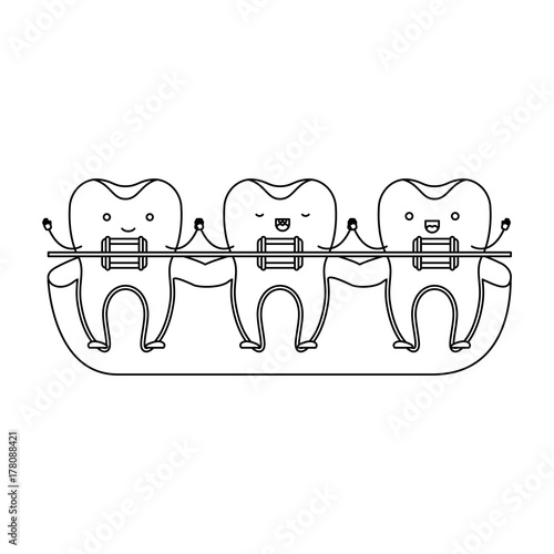 tooth cartoon on gum and holding hands with dental braces in monochrome silhouette