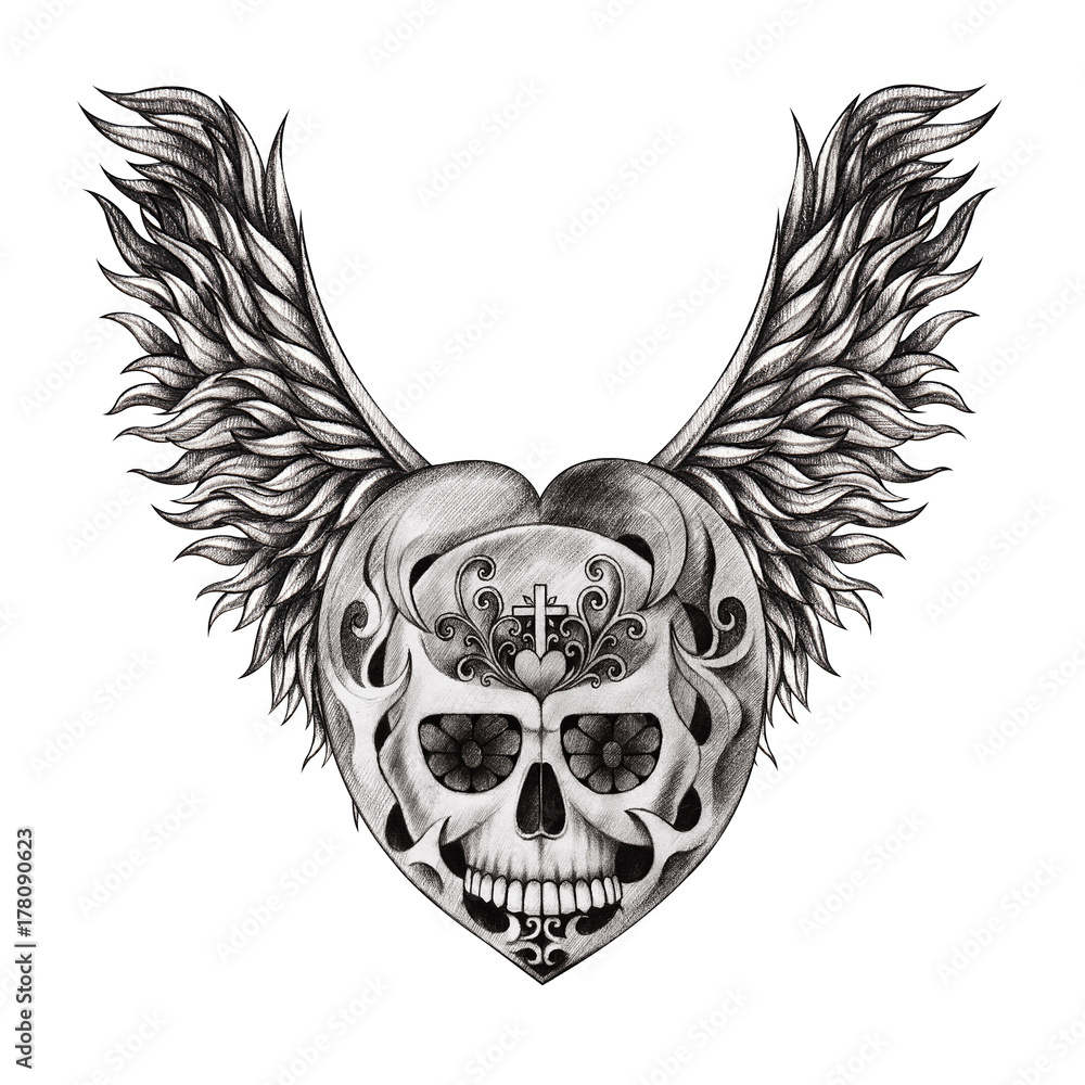 Art design heart wings skull tattoo. hand pencil drawing on paper. Stock  Photo | Adobe Stock