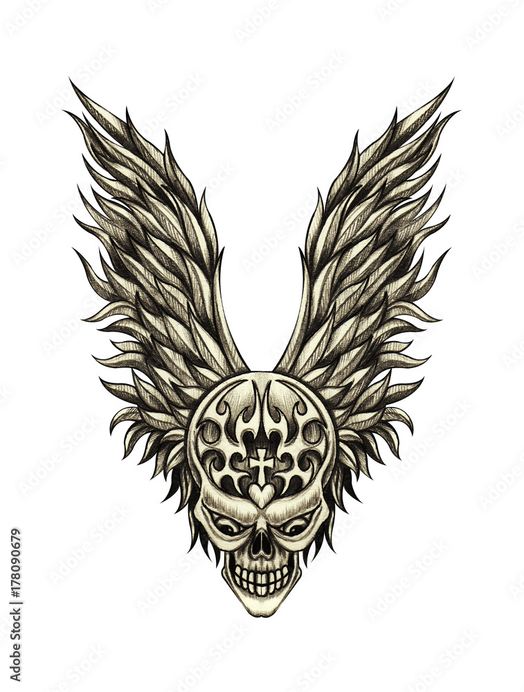 Art wing angel skull. Hand pencil drawing on paper. Art wing angel skull. Hand pencil drawing on paper.