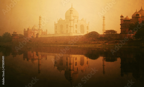 Golden textured picture of the Taj Mahal scenery.