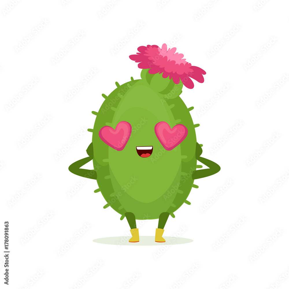 Cute cactus in love with heart shape eyes and pink flower on its head, funny plant character cartoon vector Illustration Cute cactus in love with heart shape eyes and pink flower on its head, funny plant character cartoon vector Illustration