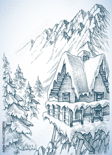 Refuge in the mountains. A winter cabin in the pine forest
