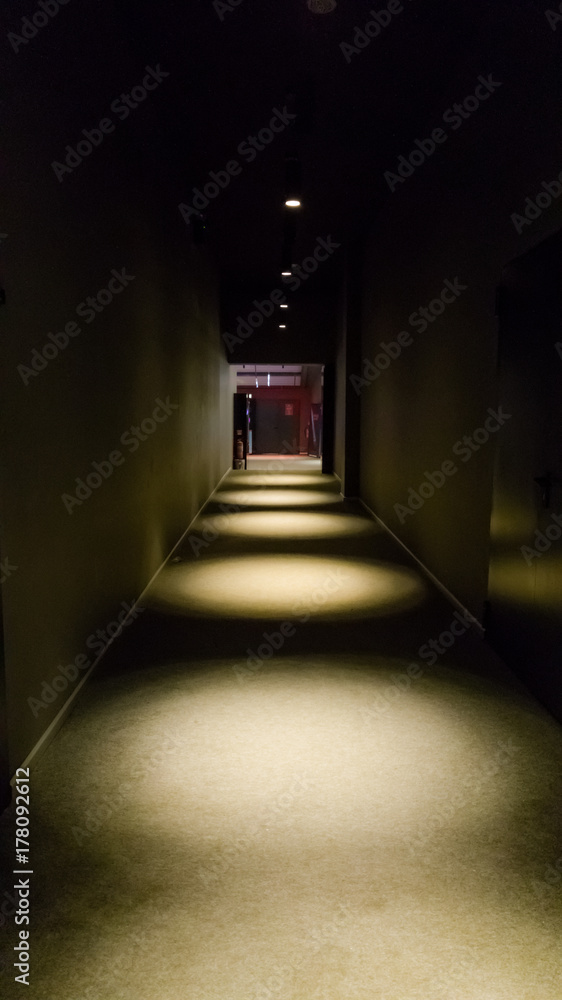 Empty dark corridor in apartment building in perspective view with copy space.
