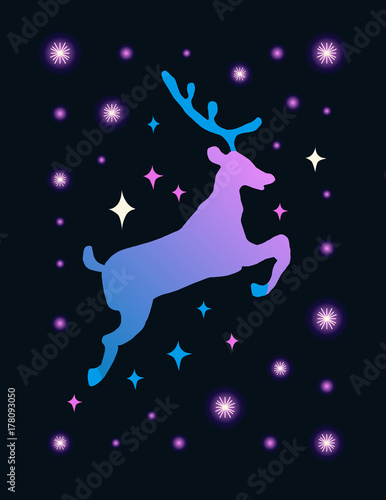 Vector illustration with animal silhouette. Cute polar deer with stars and constellation. Cartoon magic background can be used for New Year and Christmas greeting card  t-shirt print  poster