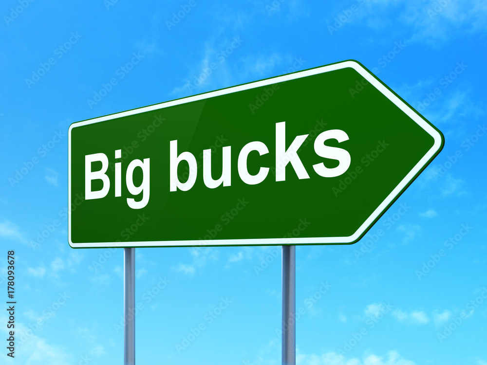 Business concept: Big bucks on green road highway sign, clear blue sky background, 3D rendering Business concept: Big bucks on green road highway sign, clear blue sky background, 3D rendering