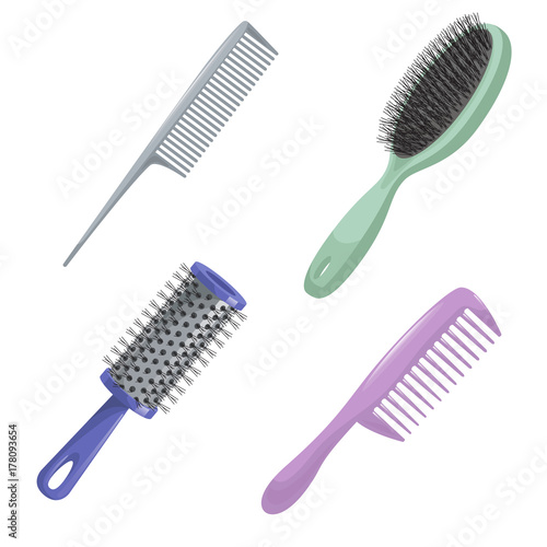 Cartoon trendy design haircare icon set. Metal and plastic comb, cylinder and brush hair styling accessories tools. Vector illustration.
