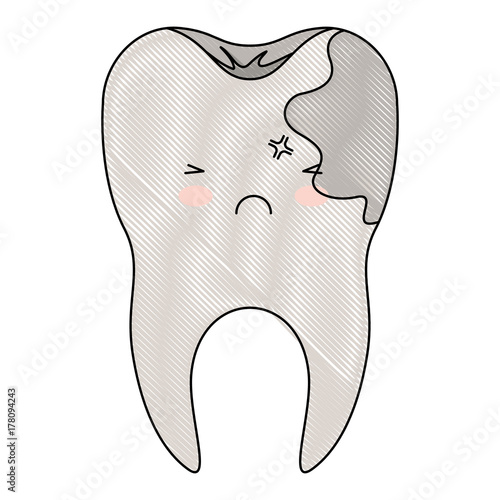 kawaii tooth with root and caries by side in colored crayon silhouette