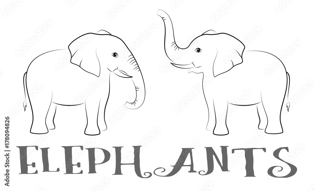 Cartoon Animals, Elephants, Black Contours Isolated on White Background. Vector