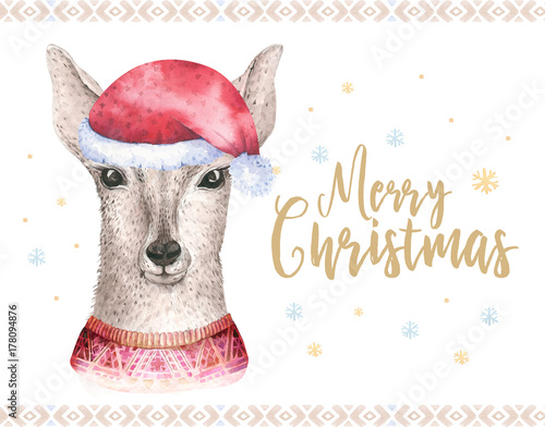 Merry Christmas watercolor card with fawl. Baby deer Happy New Year lettering posters. Nursery winter swowflakes and branch decoration. photo