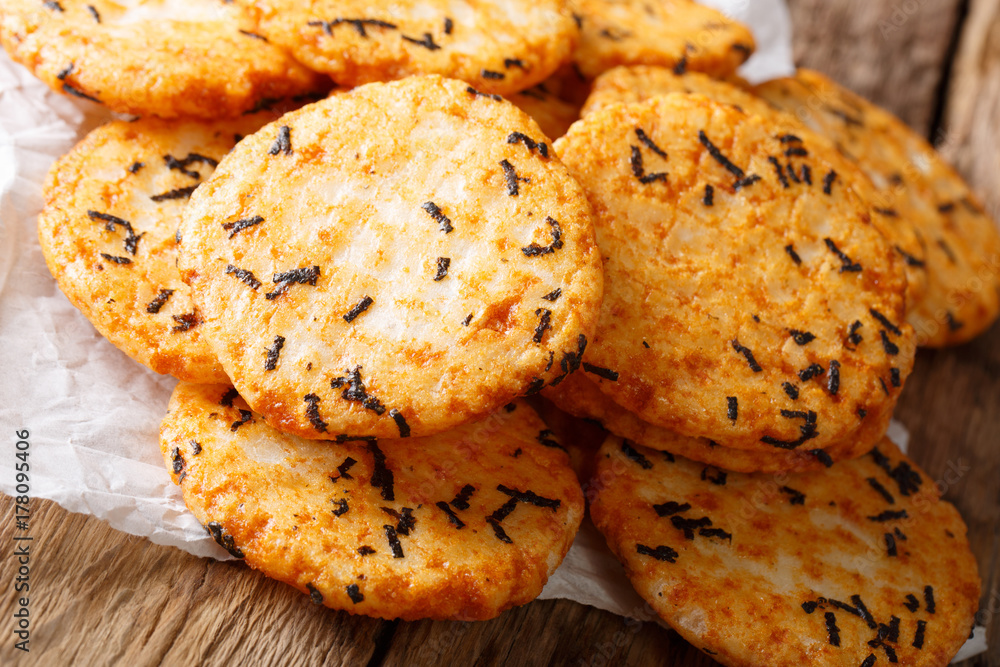 Japanese homemade rice cakes with seaweed close-up. horizontal Japanese homemade rice cakes with seaweed close-up. horizontal