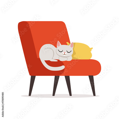 Lovely white cat sleeping on a pillow on a red retro armchair, home pet resting vector Illustration