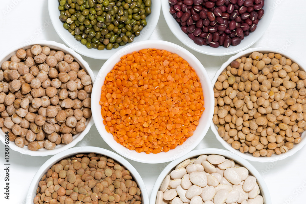 assortment of legumes in bowls, top view assortment of legumes in bowls, top view