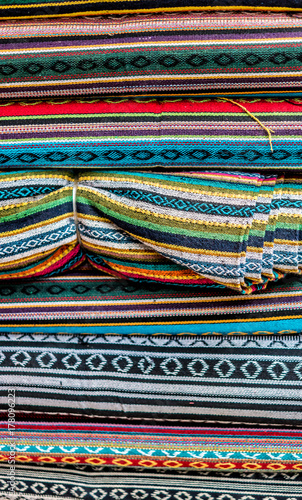 Various of colorful fabrics at a market stall in Kathmandu