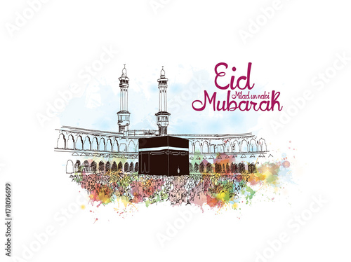 Eid Milad Un Nabi Mubarak design poster with watercolor splash sketch and Mecca Madina Saudi Arabia in vector illustration.