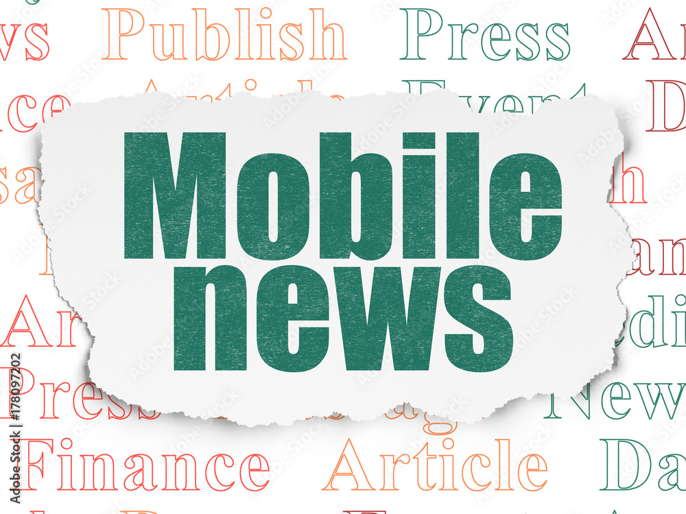 News concept: Painted green text Mobile News on Torn Paper background with Tag Cloud News concept: Painted green text Mobile News on Torn Paper background with Tag Cloud