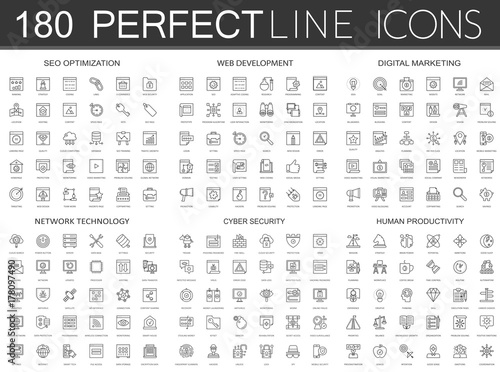 180 modern thin line icons set of seo optimization, web development, digital marketing, network technology, cyber security, human productivity.