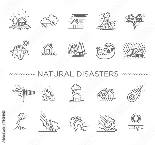 Obraz na płótnie Natural Disaster, Vector illustration of thin line icons