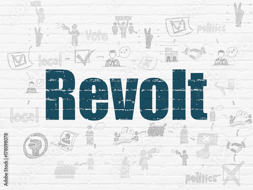 Political concept: Painted blue text Revolt on White Brick wall background with Scheme Of Hand Drawn Politics Icons