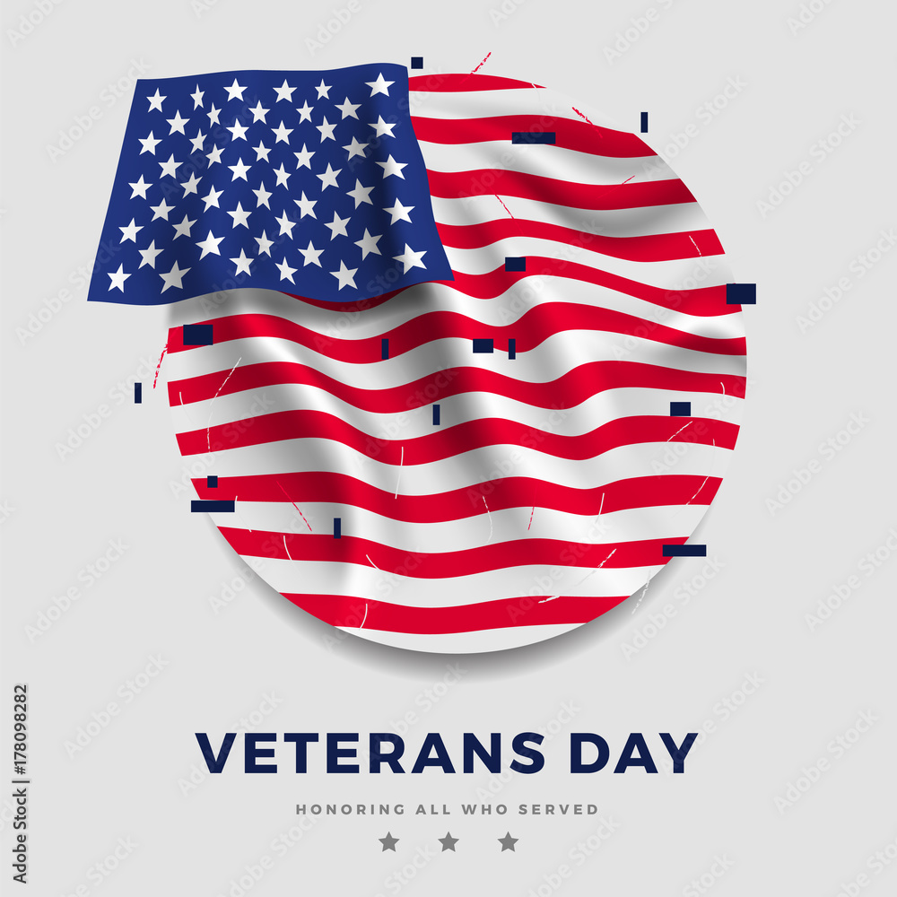 day veterans poster, realistic flag of america with folds and text on a gray background and. 3d illustration day veterans poster, realistic flag of america with folds and text on a gray background and. 3d illustration