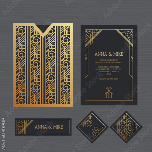 Luxury wedding invitation or greeting card with geometric ornament. Art Deco style. Paper lace envelope template. Wedding invitation envelope mock-up for laser cutting. Vector illustration.