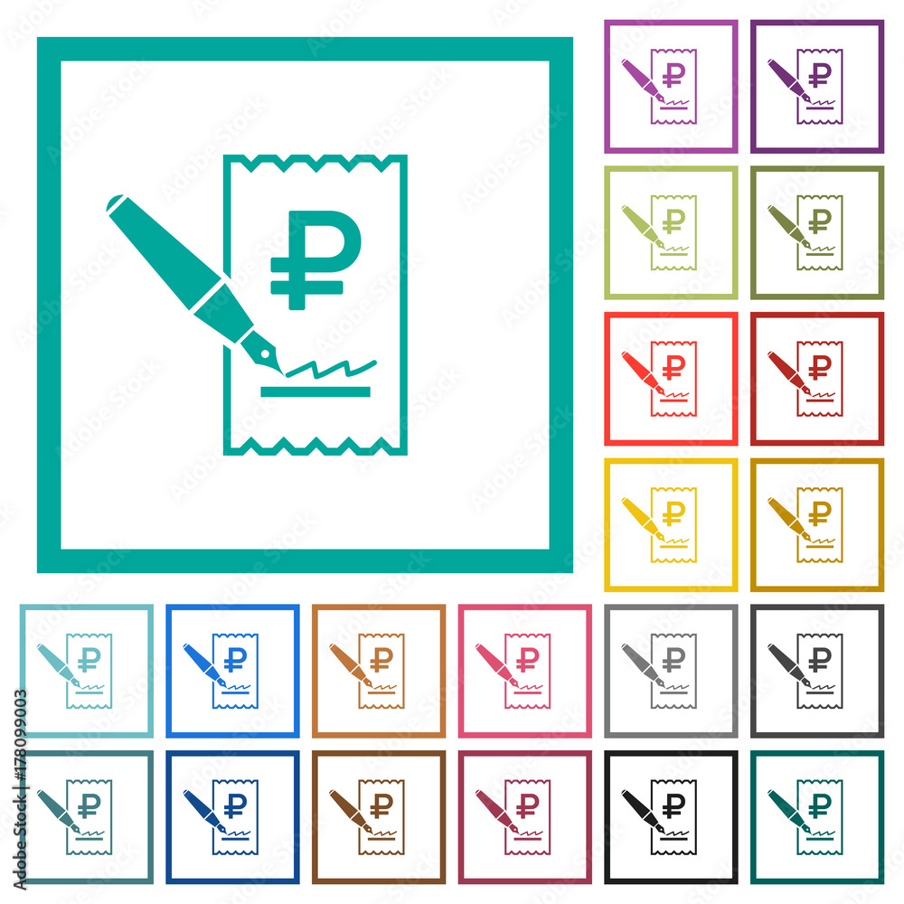 Signing Ruble cheque flat color icons with quadrant frames Signing Ruble cheque flat color icons with quadrant frames