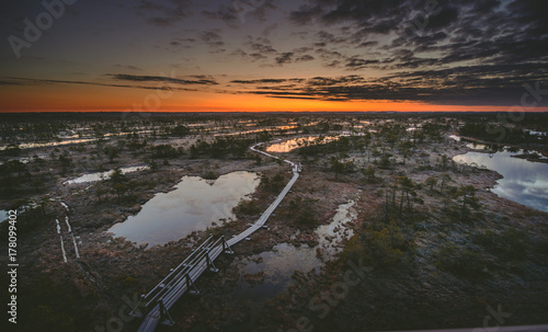 Panoramic view on stunning sunrise in swamp at Ķemeri national park, Latvia. Sunlight shines over the frosty marsh. Wooden trail leading to the watch tower surrounded by swamp pounds and junipers.