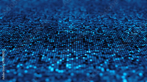 3d Monochromatic abstract background. Abstract bright glitter background of mosaic. Elegant illustration. Digital glowing pixels on blured background. Interplay of waves and rectangle dots.