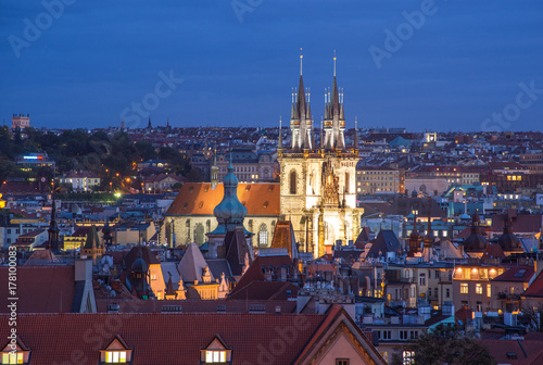 Prague, Czech Republic - October 6, 2017: Beautiful evening roof view on Tyn Church and Old Town Square, Prague, Czech Republic. The Church of Our Lady Before Tyn.