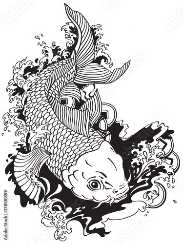 japanese carp koi gold fish swimming in a pond with feng shui money coins . Tattoo style black and white vector illustration 