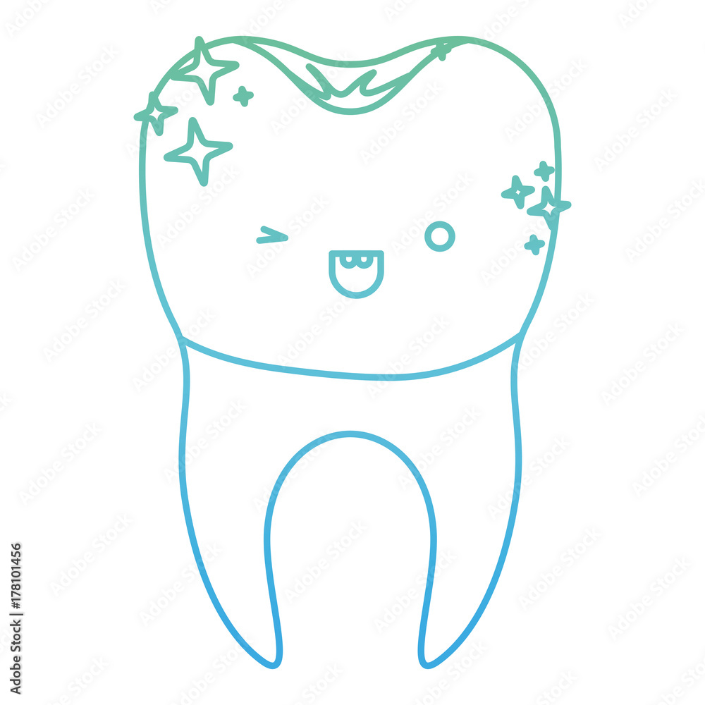 kawaii tooth with dental crown and root in degraded green to blue color contour