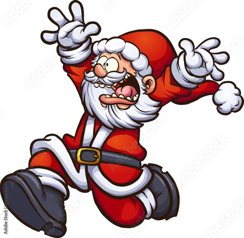 Santa Claus running scared with arms up. Vector clip art illustration with simple gradients. All in a single layer. 