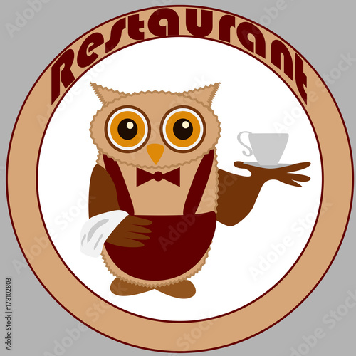 Owl-waiter in claret and butterfly, with a cup of steaming coffee, tea, a towel on the wing in a round frame with the inscription Restaurant