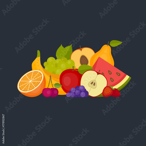 Fruits and berries. Healthy food. Flat style  vector illustration.