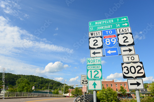 Road Sign of Interstate Highway 89, US route 2, Vermont route 12 in Montpelier, Vermont, USA. photo