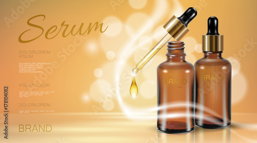 Realistic 3d glass bottle serum essence. Cosmetic ad promotion template natural oil vitamin drop droplet beige golden defocused boceh background vector illustration