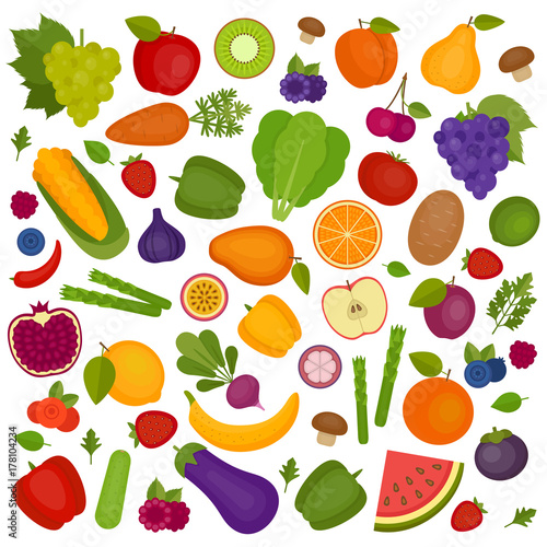 Fruits and vegetables background. Organic and healthy food. Flat style, vector illustration.