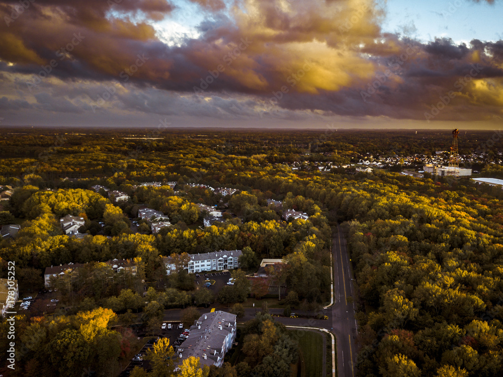 Aerial Sunset of Foliage in Hamilton New Jersey